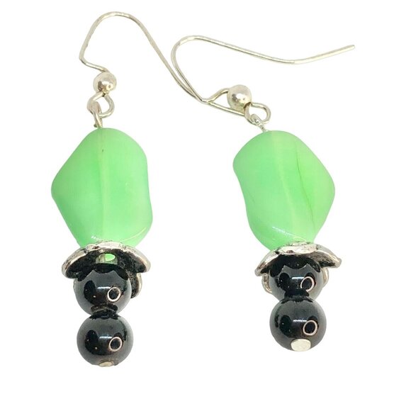 Handcrafted Green And Black Beaded Dangle Earrings With Silver-Tone Accents - Picture 4 of 5